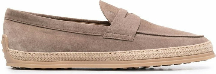 SUEDE WOVEN-TRIM PENNY LOAFERS