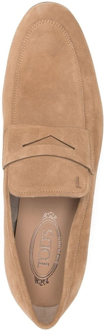 ALMOND TOE PENNY LOAFERS, SAND BEIGE CALF LEATHER.