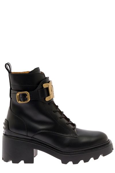 LEATHER NAVY CHAIN DETAIL BOOTS.