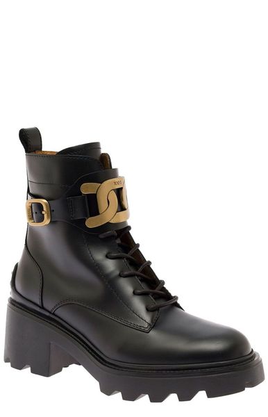 LEATHER NAVY CHAIN DETAIL BOOTS.