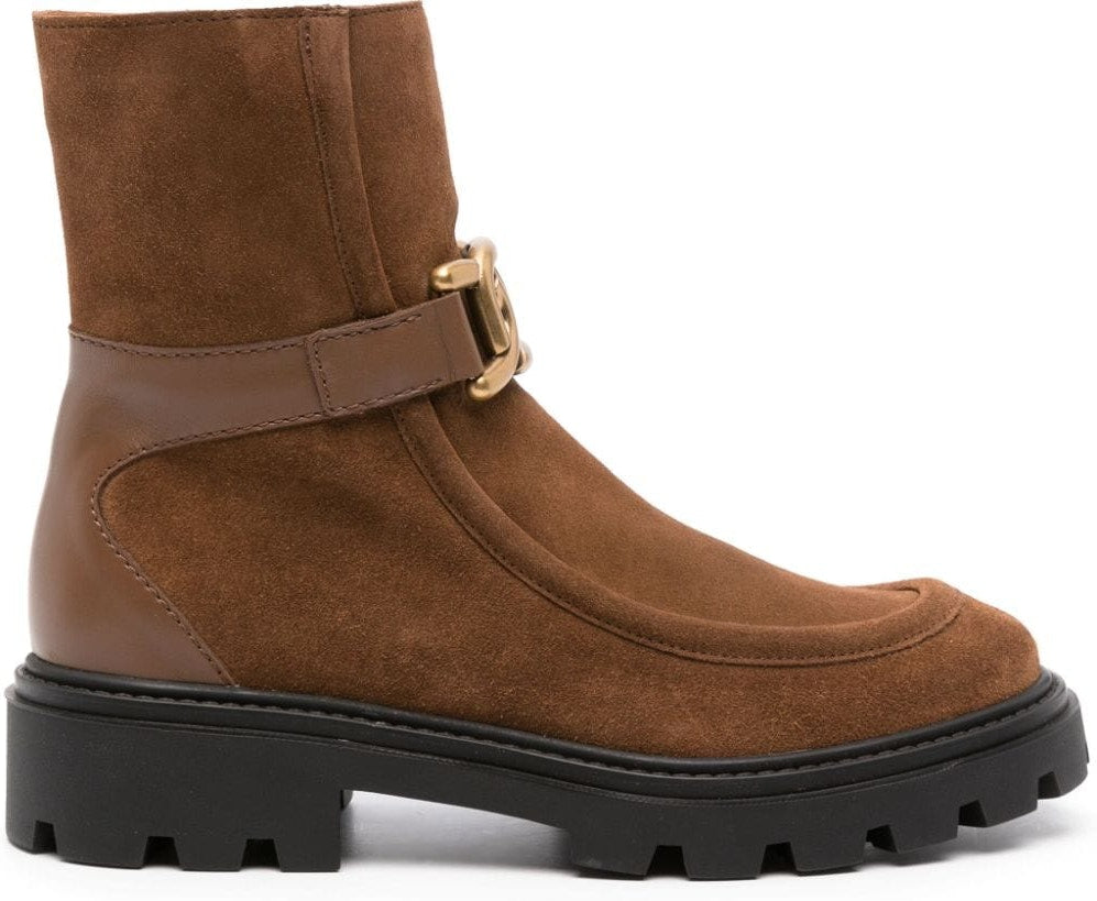 LOGO BUCKLE SUEDE/LEATHER ANKLE BOOTS.