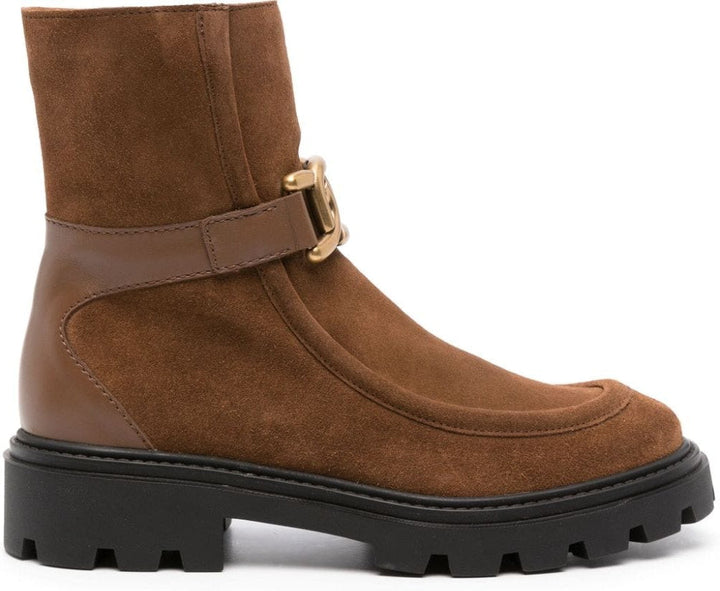 LOGO BUCKLE SUEDE/LEATHER ANKLE BOOTS.