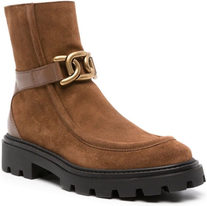 LOGO BUCKLE SUEDE/LEATHER ANKLE BOOTS.
