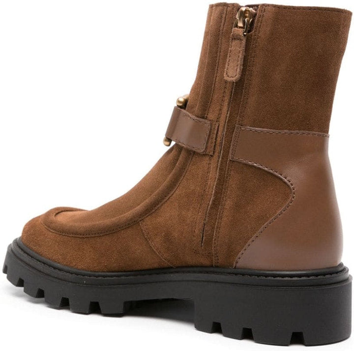 LOGO BUCKLE SUEDE/LEATHER ANKLE BOOTS.