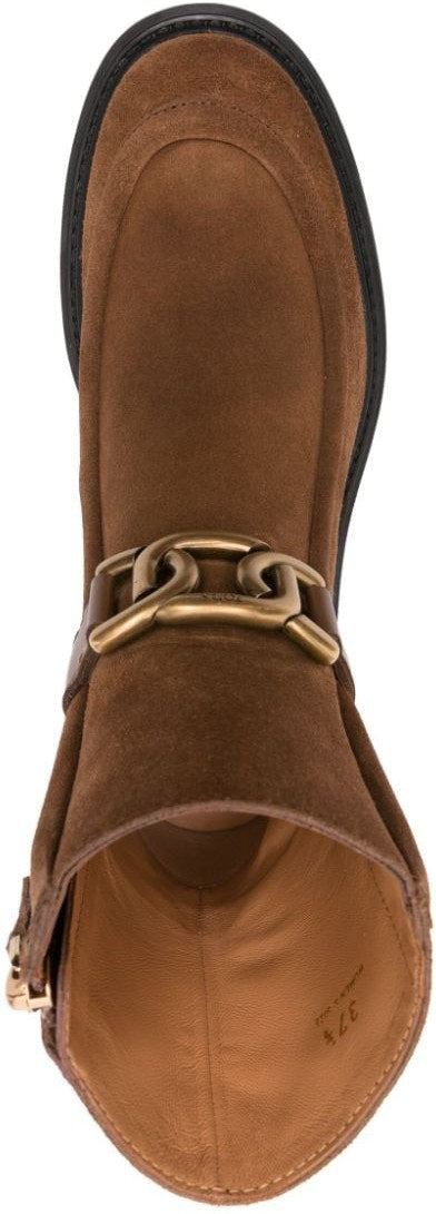 LOGO BUCKLE SUEDE/LEATHER ANKLE BOOTS.