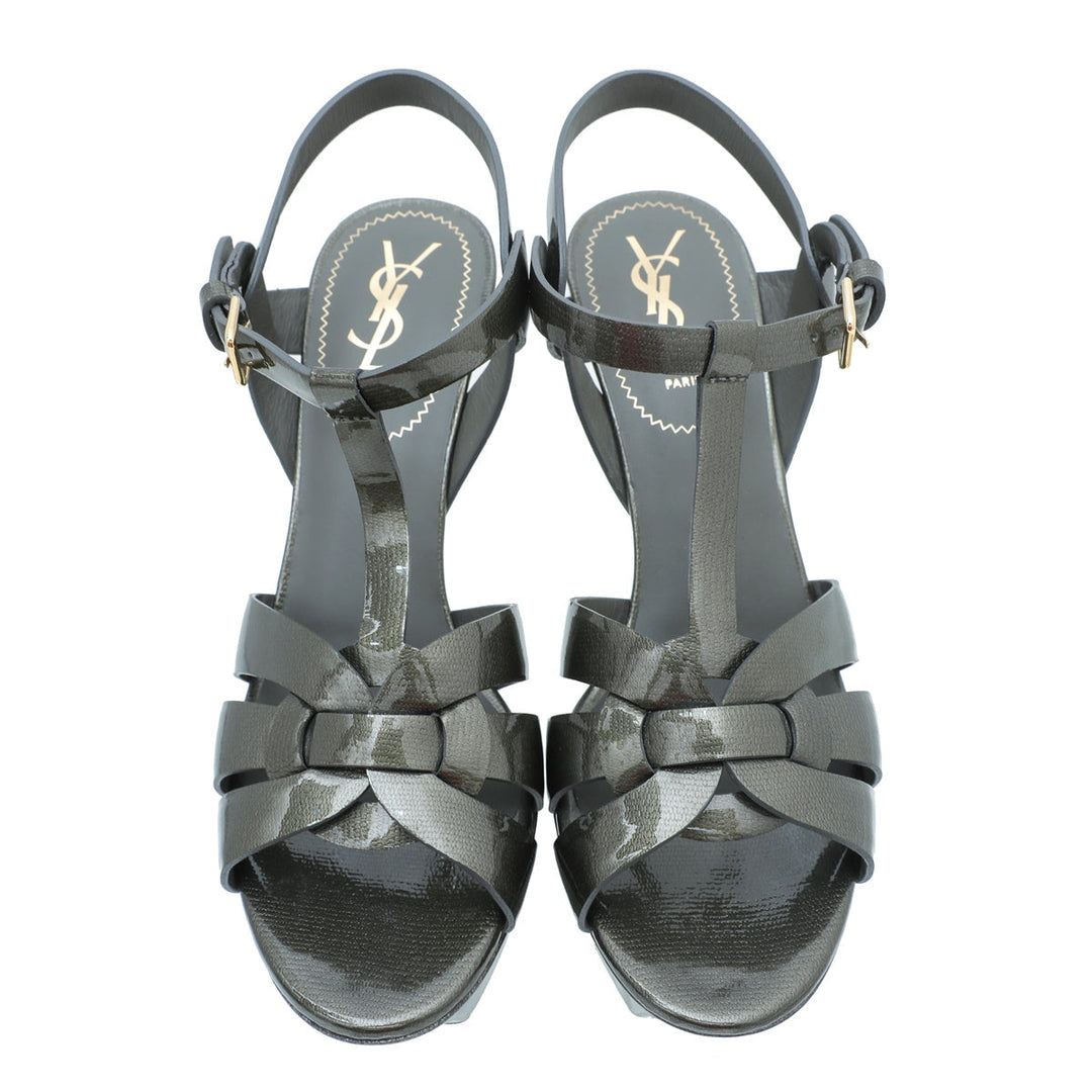 YSL Olive Textured Tribute Mid Heel Sandals 38