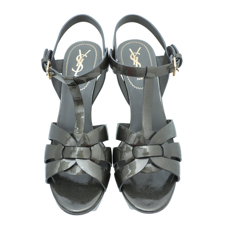 YSL Olive Textured Tribute Mid Heel Sandals 38