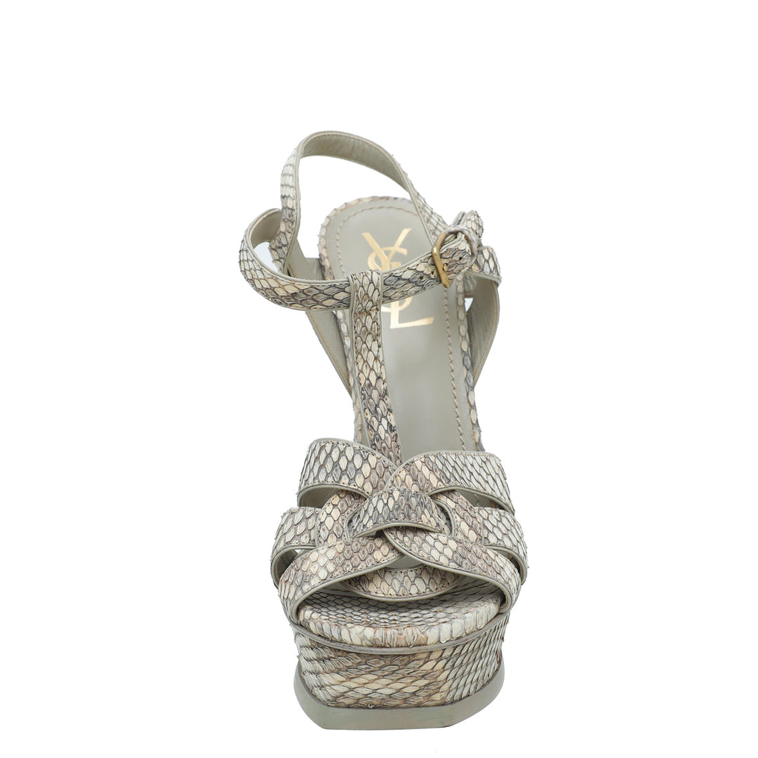 YSL Beige Python Print High Heel Tribute Sandals 38