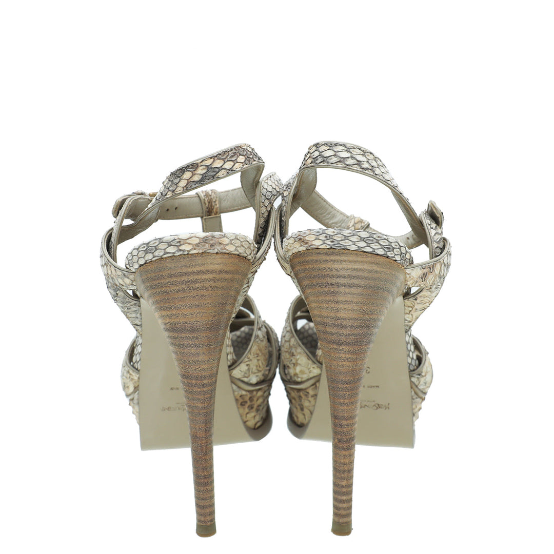 YSL Beige Python Print High Heel Tribute Sandals 38