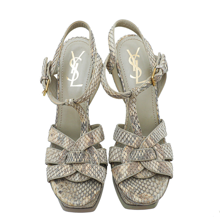YSL Beige Python Print High Heel Tribute Sandals 38