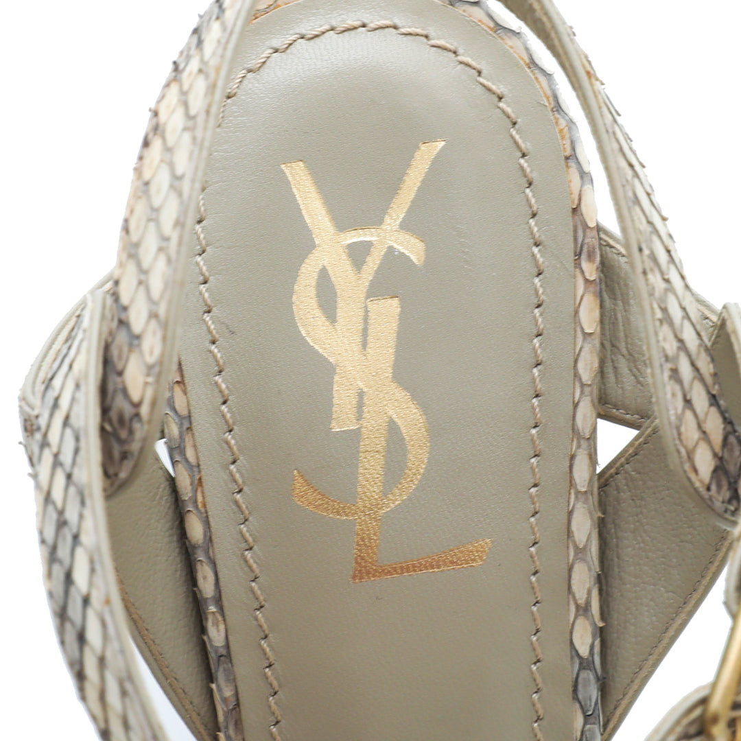 YSL Beige Python Print High Heel Tribute Sandals 38