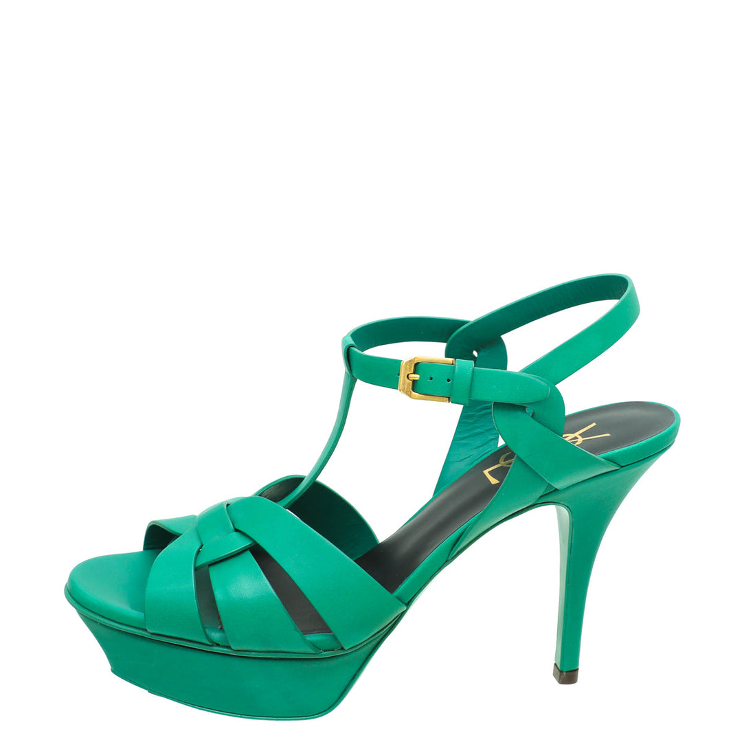 YSL Green Tribute Mid Heel Sandals 38