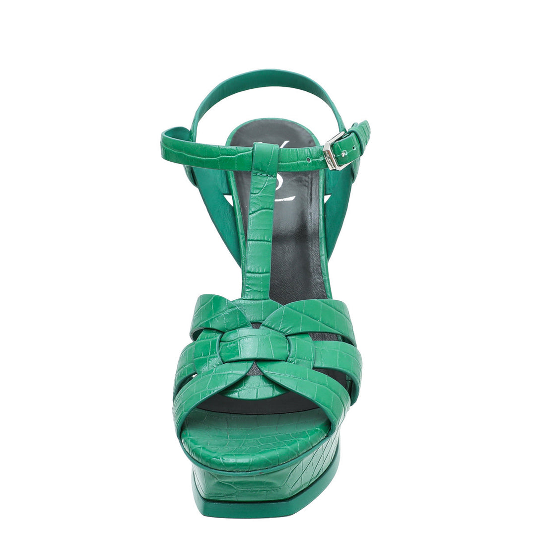 YSL Green Croc Embossed Tribute Sandal 38
