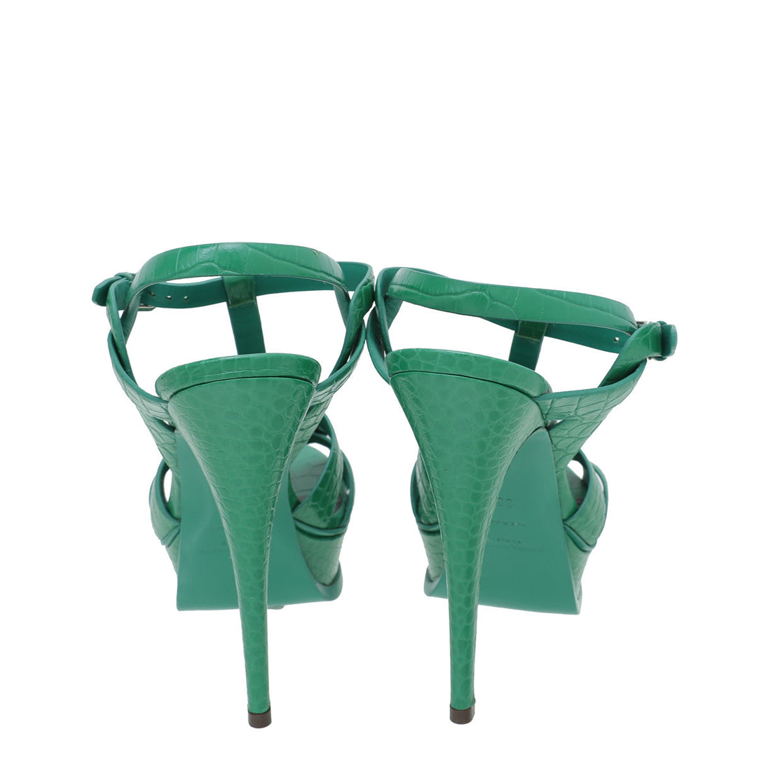 YSL Green Croc Embossed Tribute Sandal 38