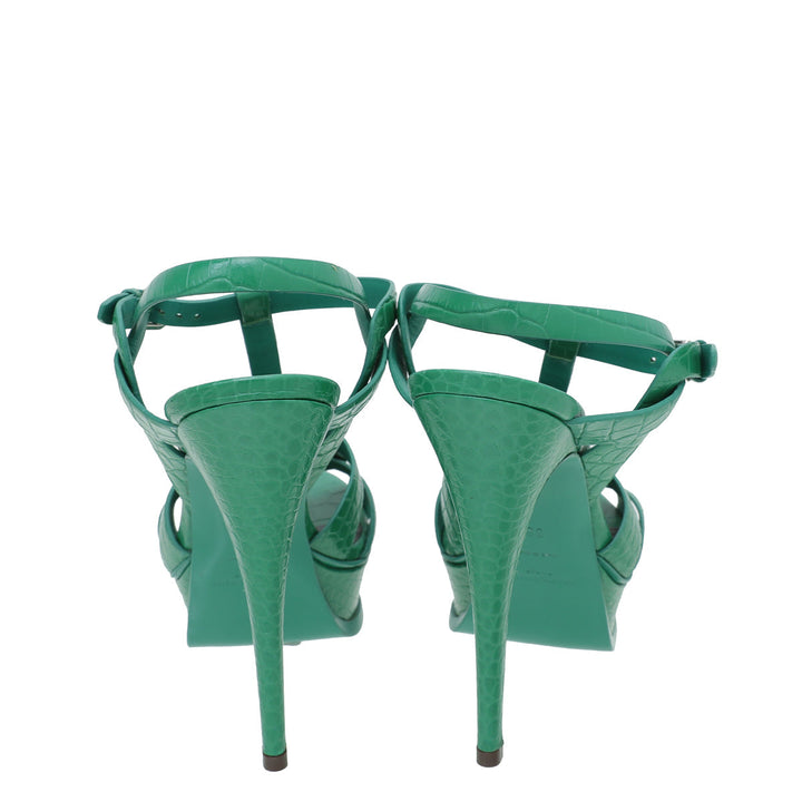 YSL Green Croc Embossed Tribute Sandal 38