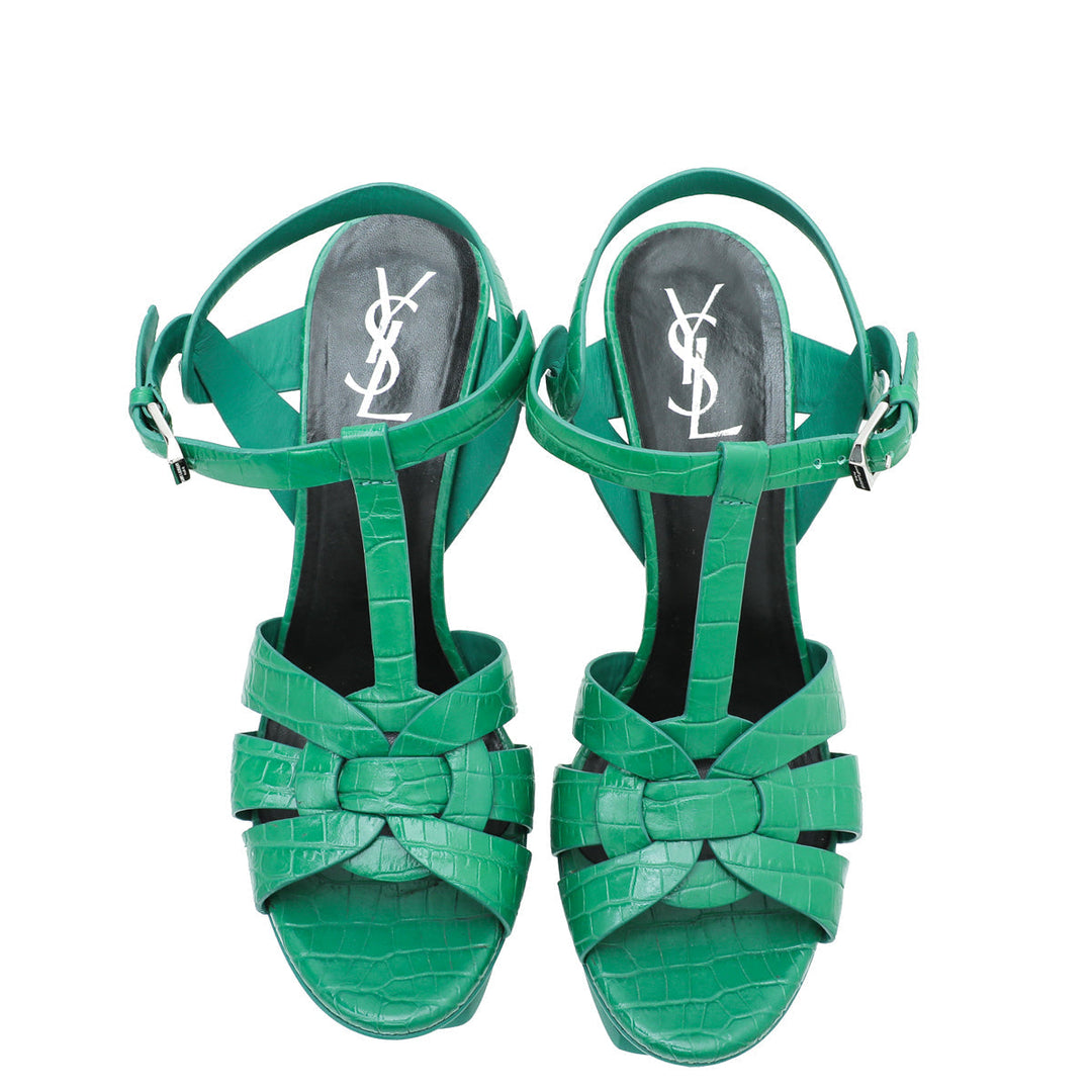 YSL Green Croc Embossed Tribute Sandal 38