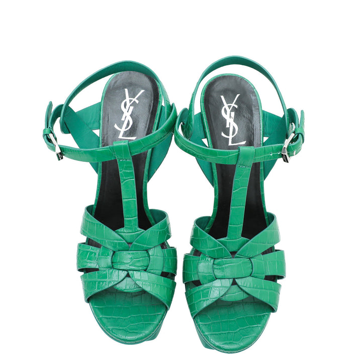 YSL Green Croc Embossed Tribute Sandal 38