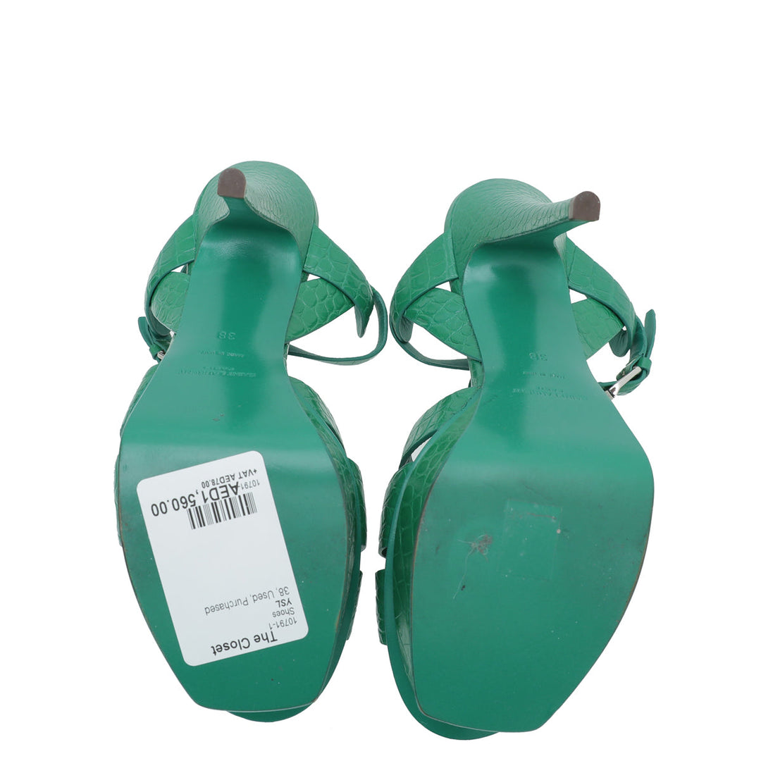 YSL Green Croc Embossed Tribute Sandal 38