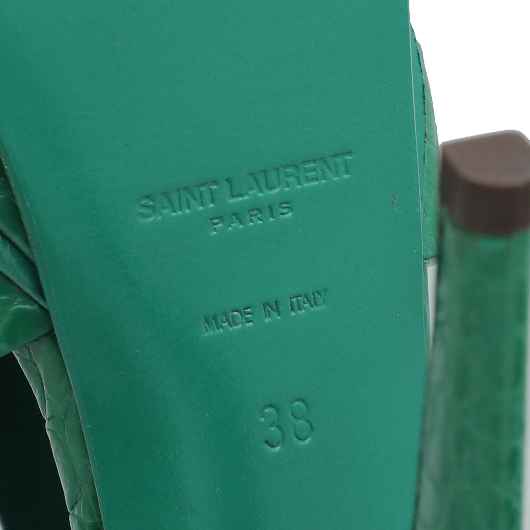 YSL Green Croc Embossed Tribute Sandal 38