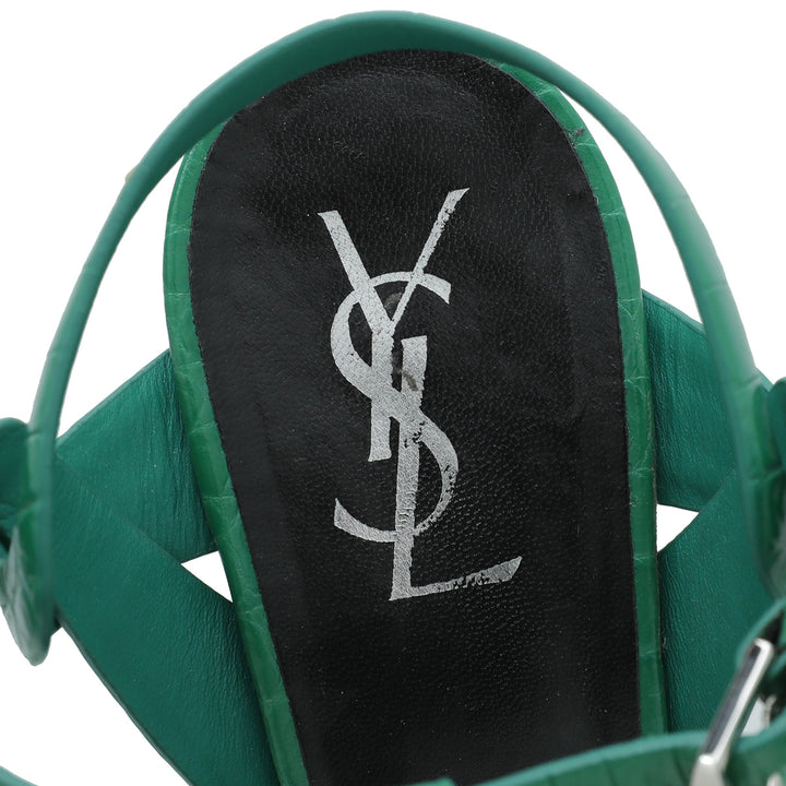 YSL Green Croc Embossed Tribute Sandal 38
