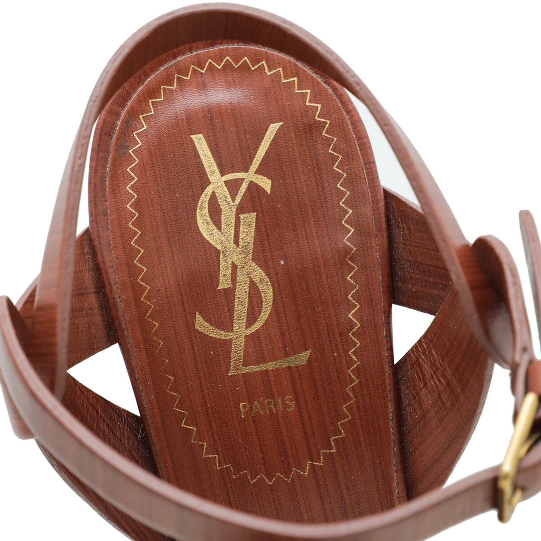 YSL Brown Tribute Wood Sandal 38.5