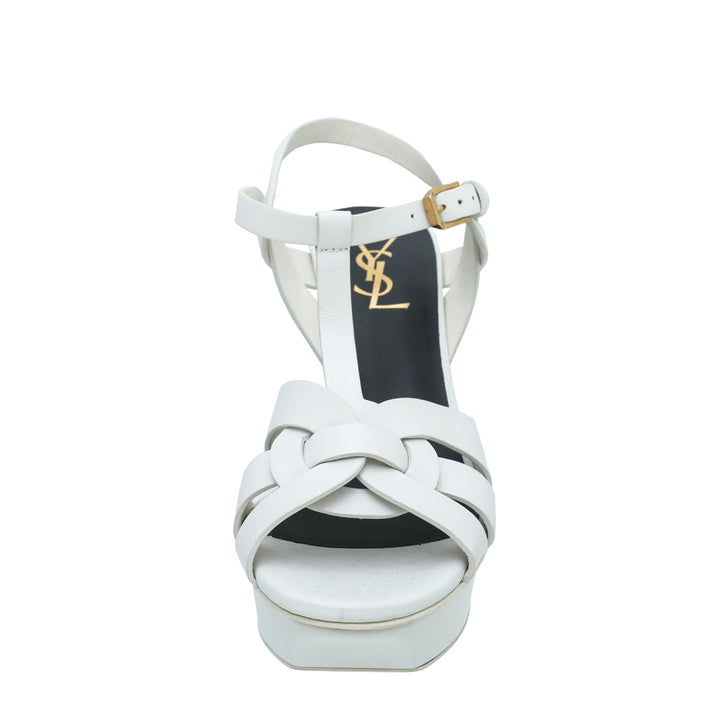YSL White Tribute Mid Heel Sandals 38