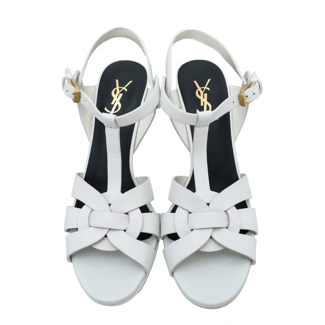 YSL White Tribute Mid Heel Sandals 38