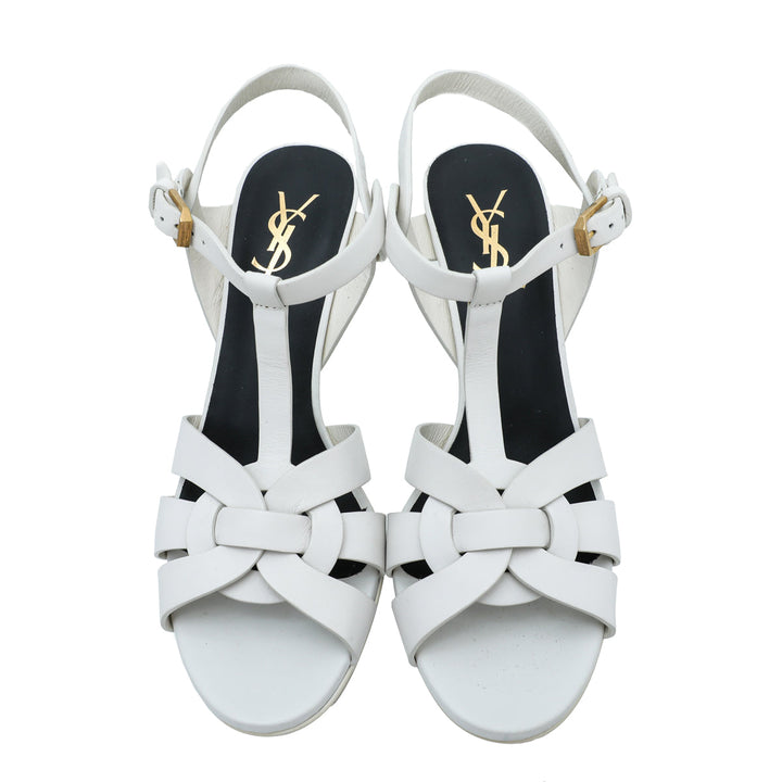 YSL White Tribute Mid Heel Sandals 38