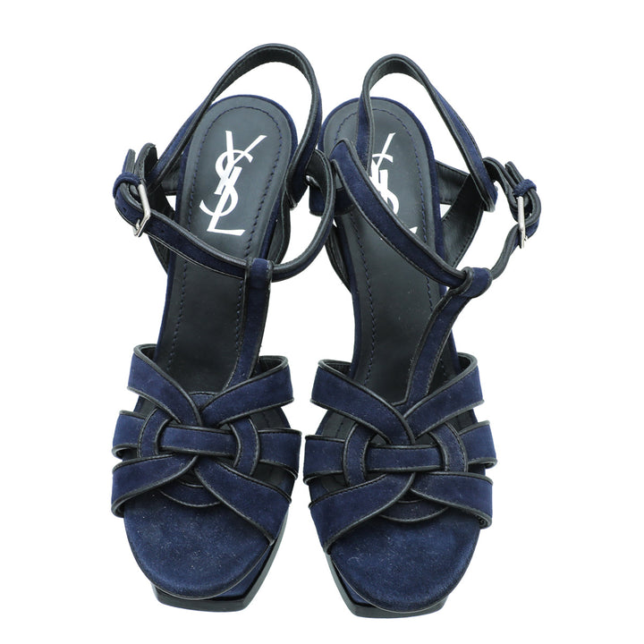 YSL Navy Blue Suede Tribute Sandal 38