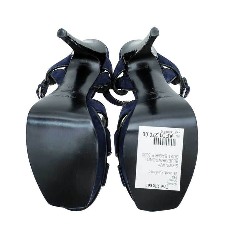 YSL Navy Blue Suede Tribute Sandal 38