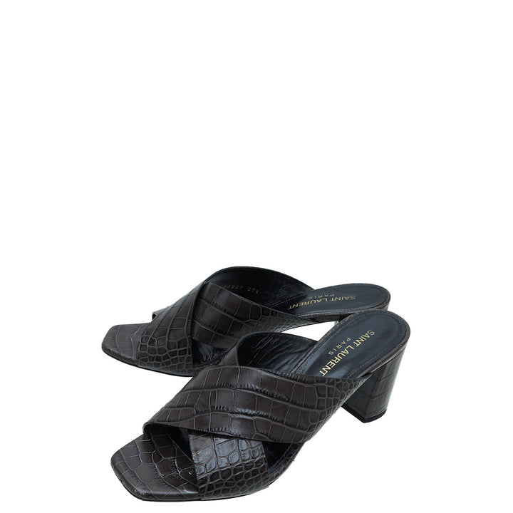 YSL Brownish Gray Croco Embossed Loulou Mule 37.5