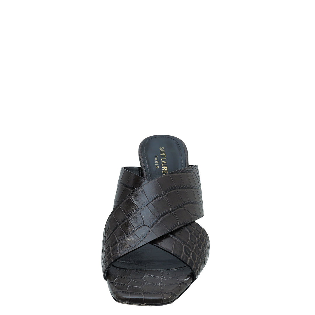 YSL Brownish Gray Croco Embossed Loulou Mule 37.5