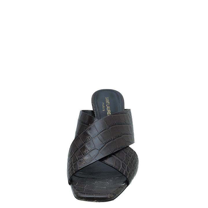 YSL Brownish Gray Croco Embossed Loulou Mule 37.5
