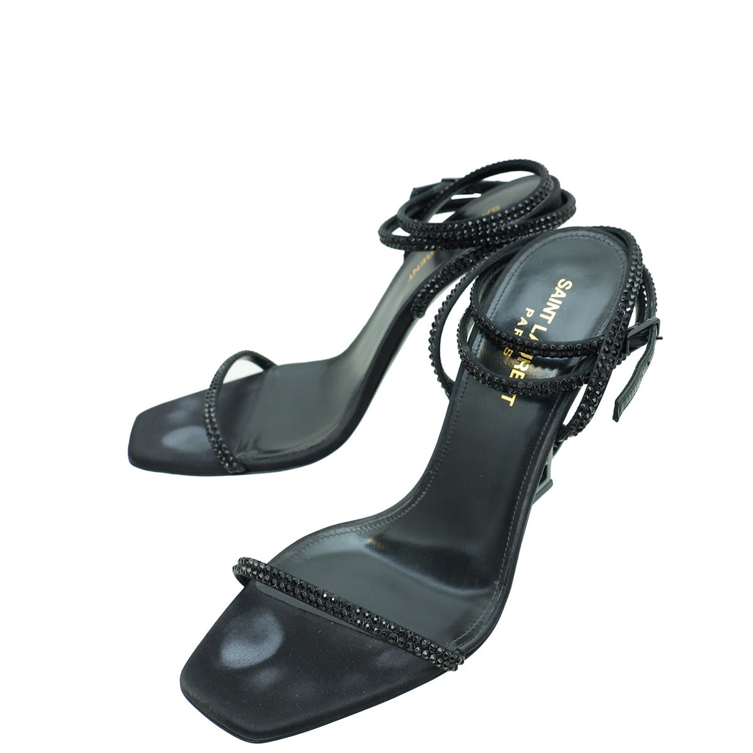 YSL Black Satin Opyum Embellished Crystal Sandal 38