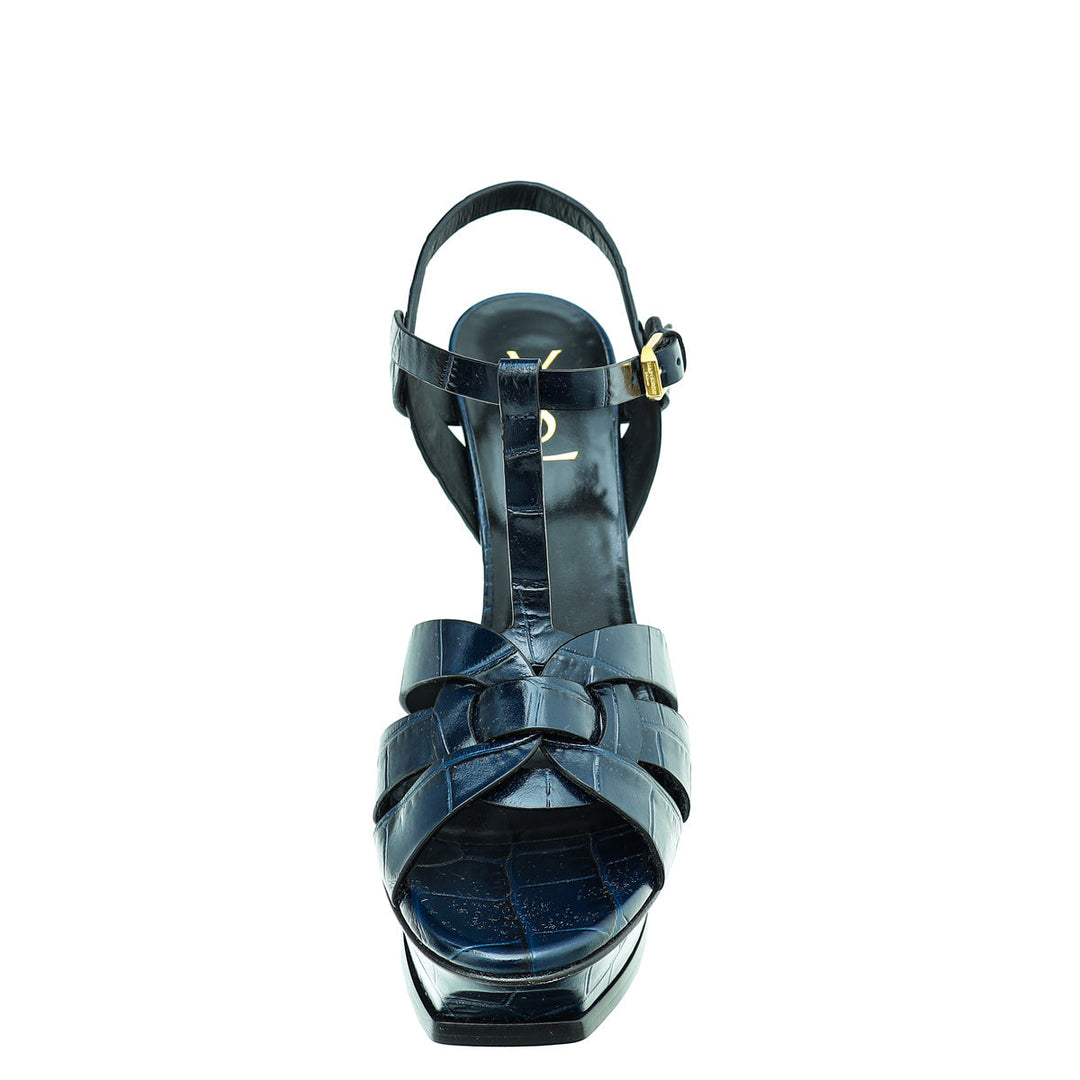 YSL Blue Croc Embossed High Heeled Tribute Sandals 39