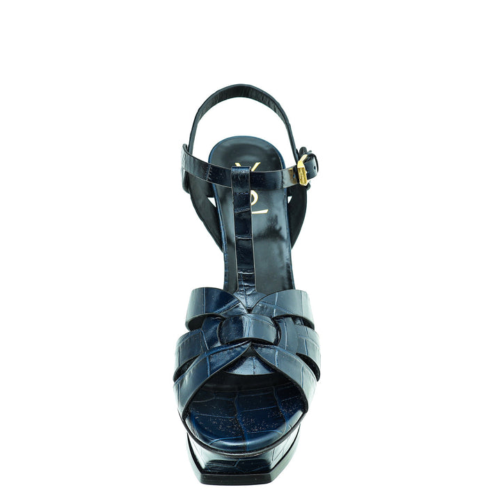 YSL Blue Croc Embossed High Heeled Tribute Sandals 39