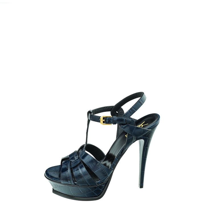 YSL Blue Croc Embossed High Heeled Tribute Sandals 39