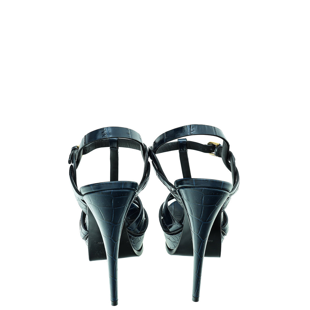 YSL Blue Croc Embossed High Heeled Tribute Sandals 39