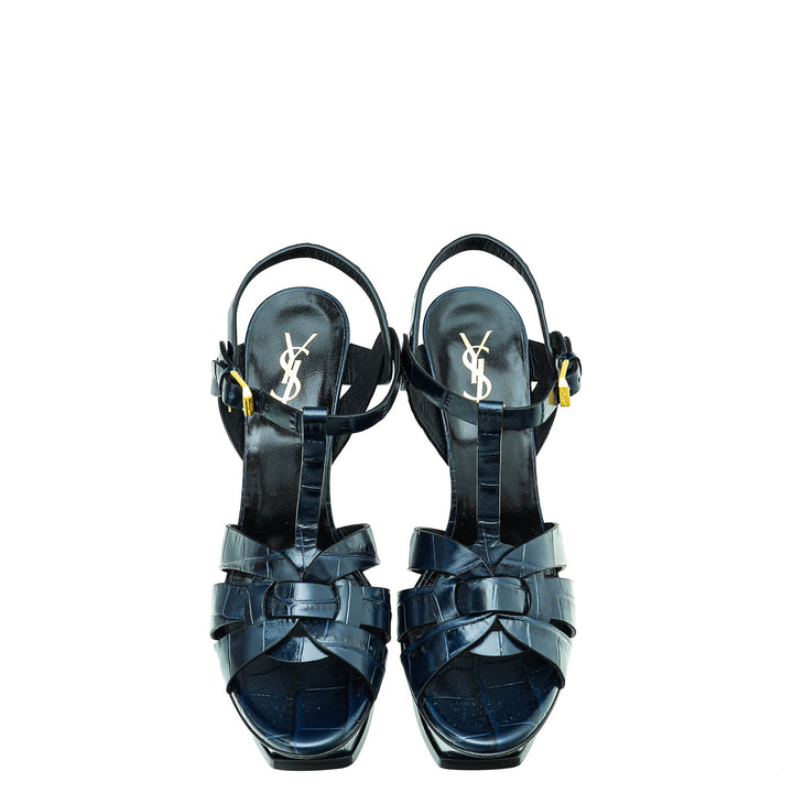 YSL Blue Croc Embossed High Heeled Tribute Sandals 39
