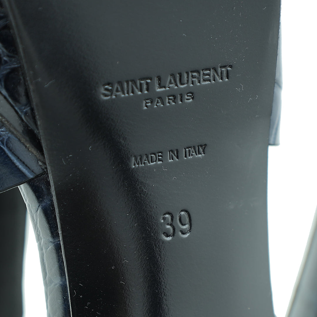 YSL Blue Croc Embossed High Heeled Tribute Sandals 39