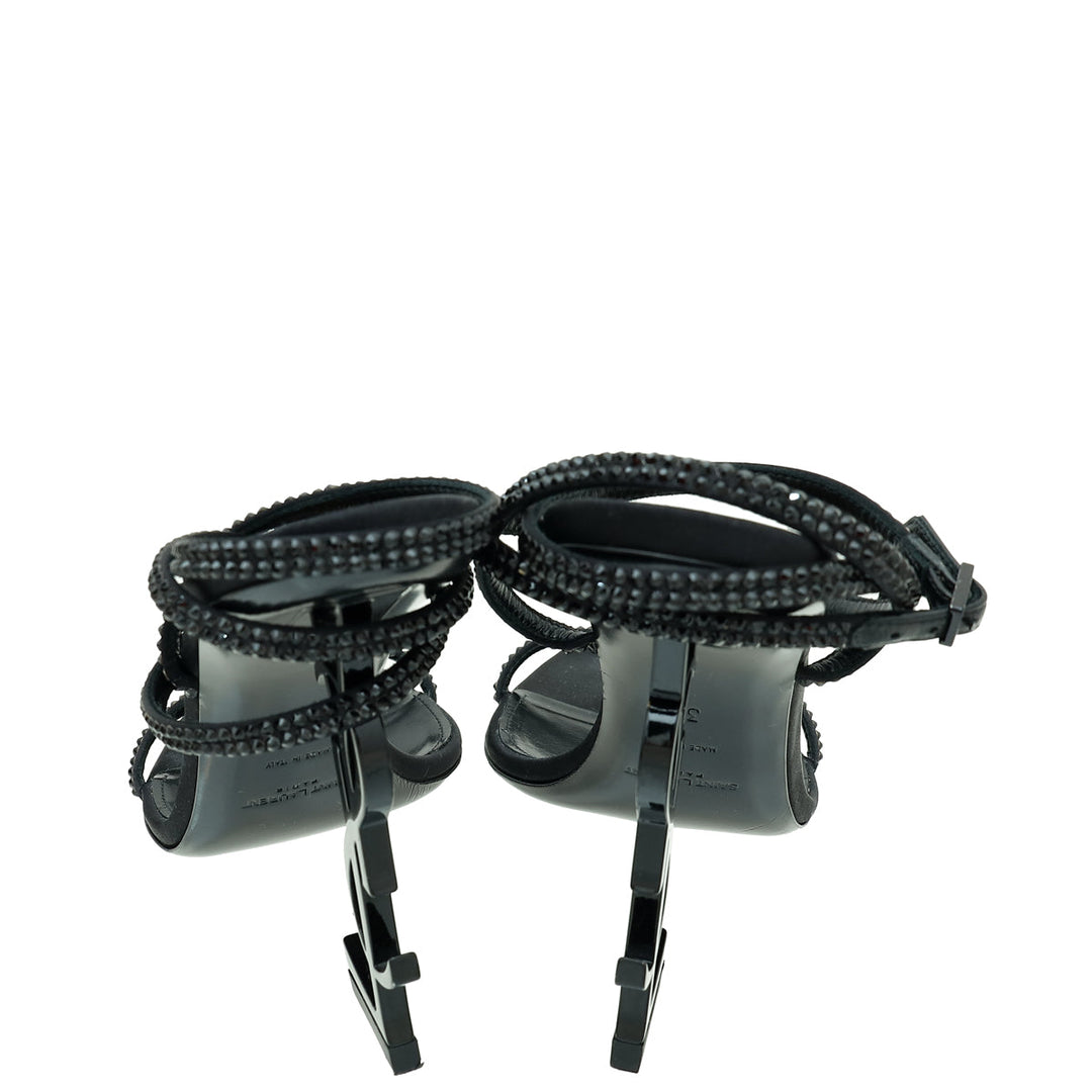 YSL Black Satin Opyum Embellished Crystal Sandal 39