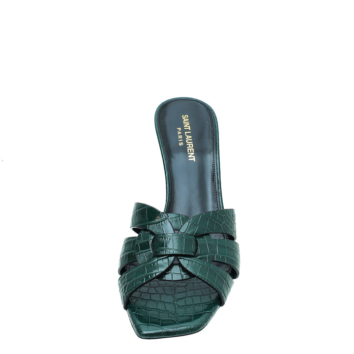 YSL Green Croc Embossed Tribute Heeled Mules 39