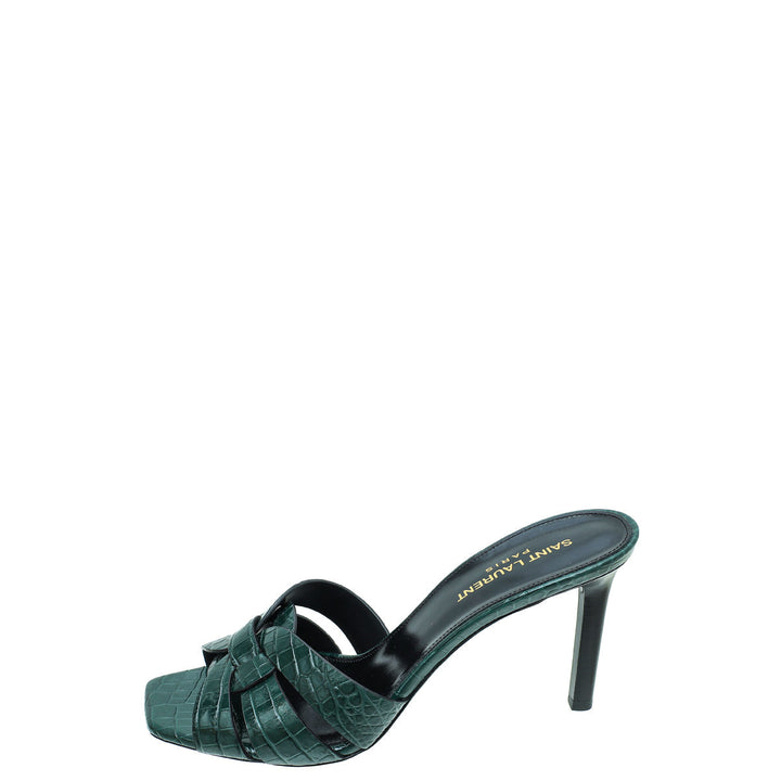YSL Green Croc Embossed Tribute Heeled Mules 39