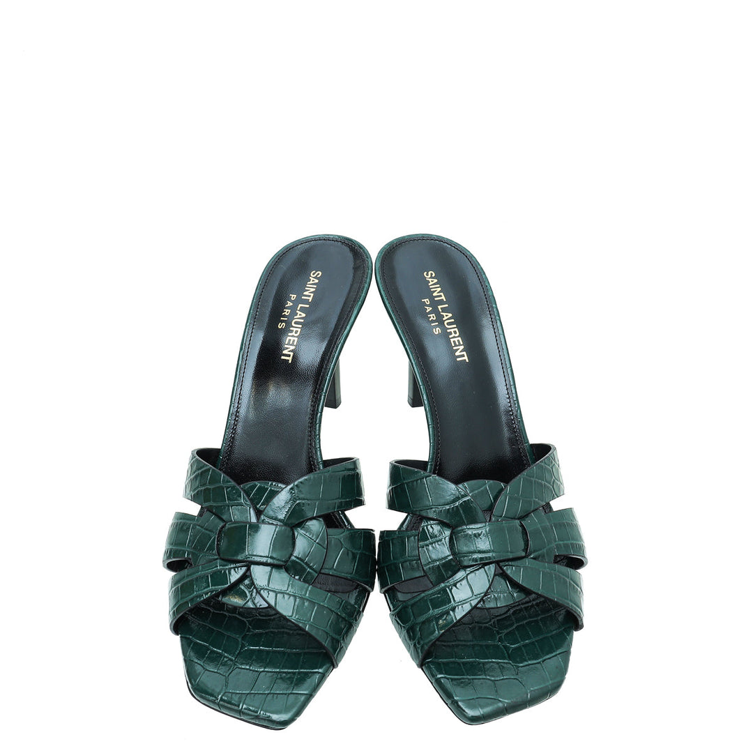 YSL Green Croc Embossed Tribute Heeled Mules 39