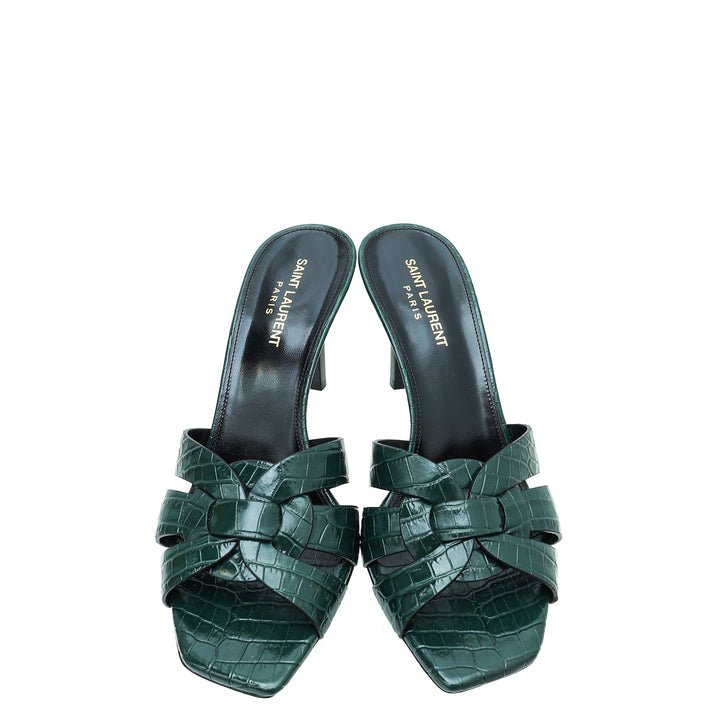 YSL Green Croc Embossed Tribute Heeled Mules 39