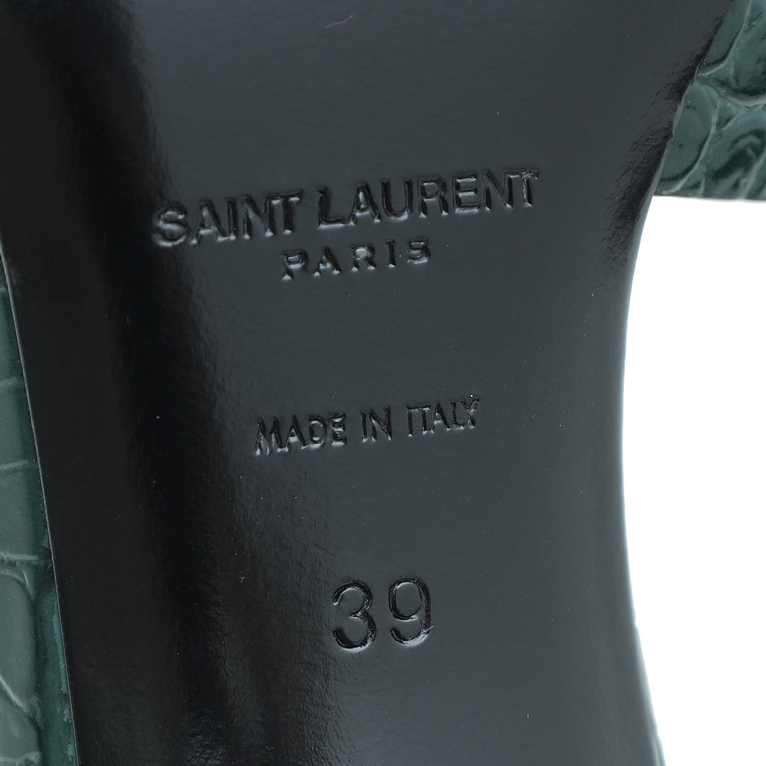 YSL Green Croc Embossed Tribute Heeled Mules 39
