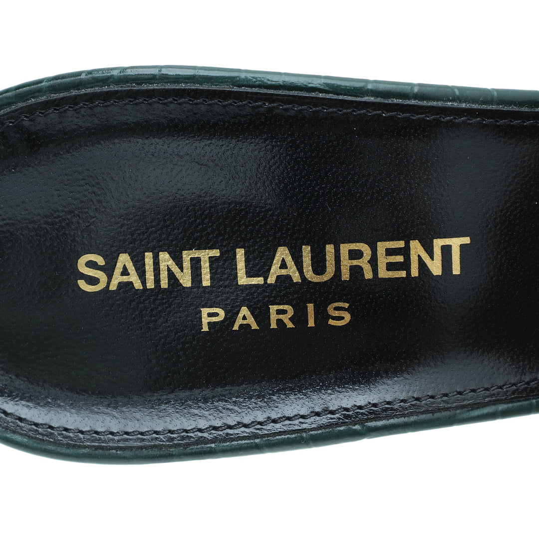 YSL Green Croc Embossed Tribute Heeled Mules 39