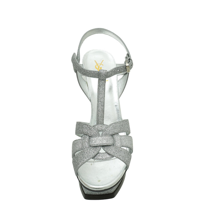 YSL Silver Glitter Tribute Moon Sandal 40