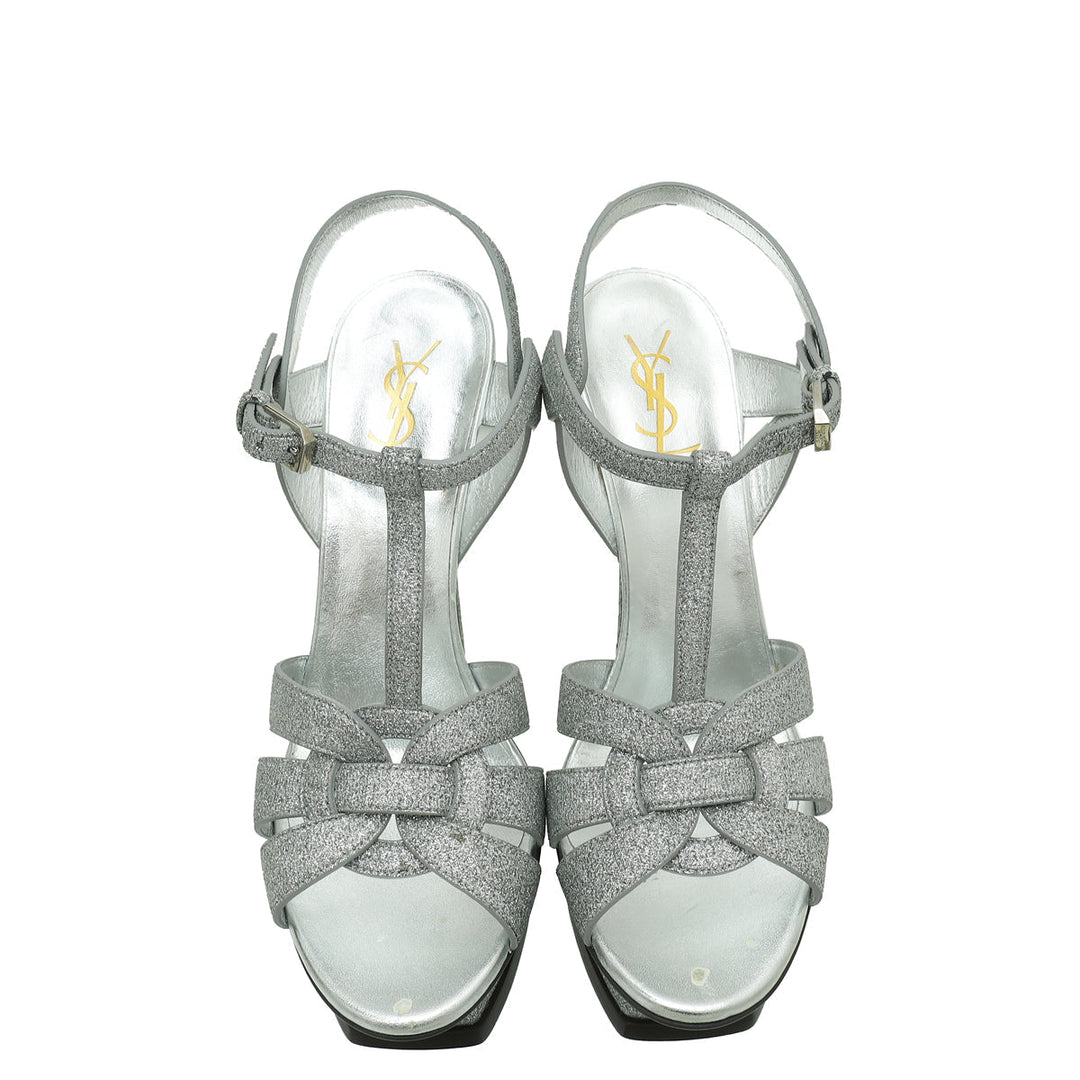 YSL Silver Glitter Tribute Moon Sandal 40