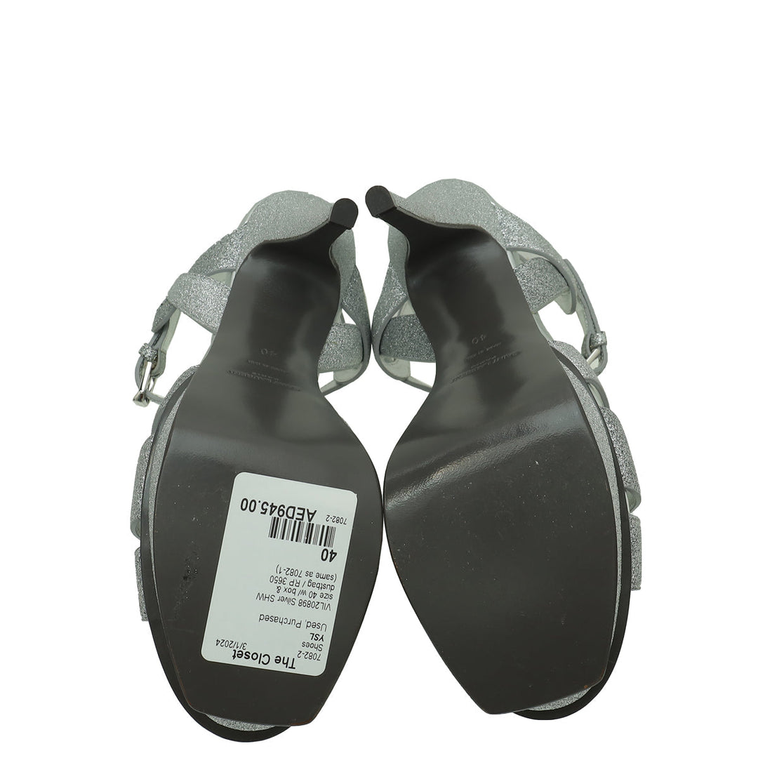 YSL Silver Glitter Tribute Moon Sandal 40